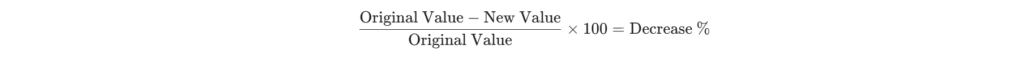 Formula for Percentage Decrease showing (Original Value minus New Value) divided by Original Value multiplied by 100.