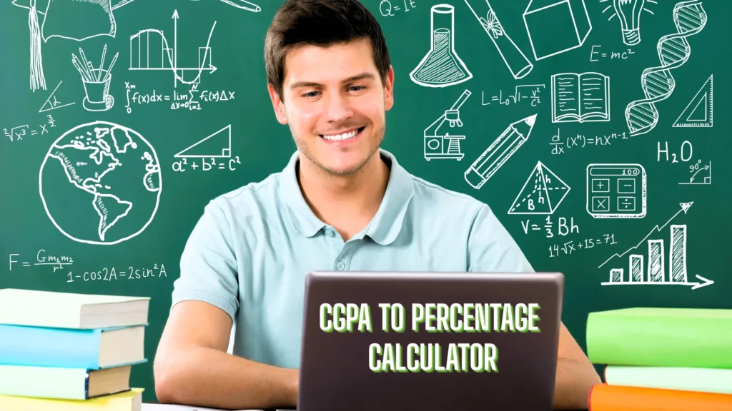 CGPA to Percentage Calculator 1 Smiling student using an online CGPA to Percentage Calculator on a laptop, set against a chalkboard background with math and science formulas