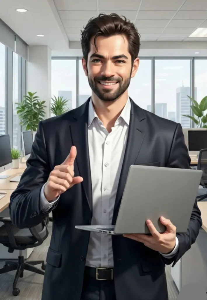 Smiling Indian professional man in a suit holding a laptop and pointing upwards, representing the easy-to-use, accurate, and free online tools available on calculatorall.in for students and professionals to achieve their goals.