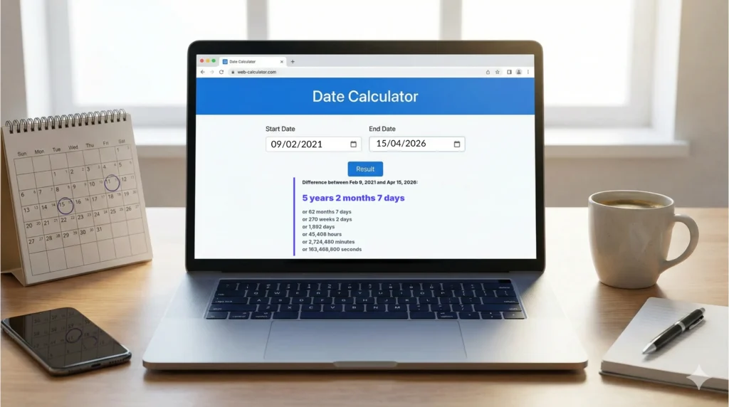 The Online Date Calculator tool shows a digital calendar to accurately calculate the days between two dates and add or subtract days.