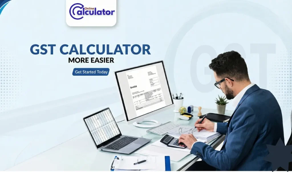 GST Calculator 1 Indian professional calculating tax using Online GST Calculator on laptop with financial documents - calculatorall.in