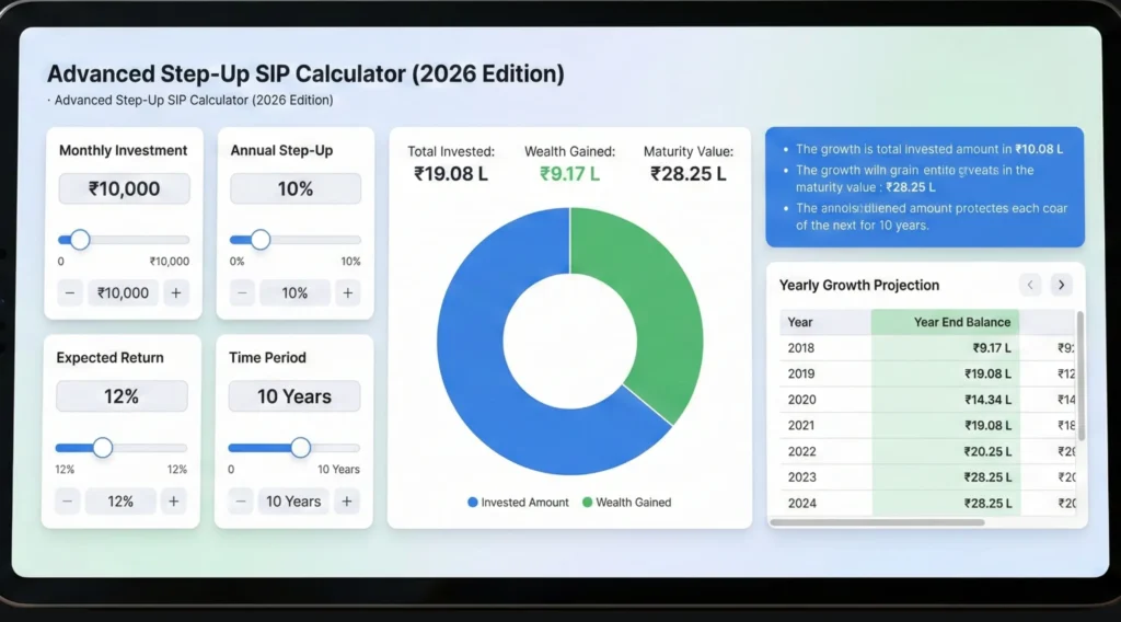 Advanced Step Up SIP calculator showing ₹10,000 monthly investment with 10% annual step-up, 12% expected return and 10-year time period, displaying invested amount, wealth gained, maturity value and yearly growth projection in India