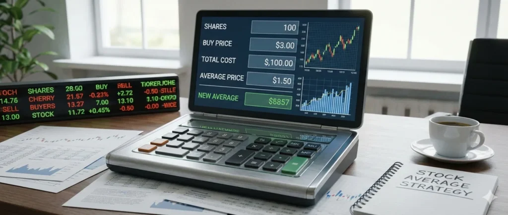 Stock average calculator interface displaying buy price, quantity, and new average share price on a modern digital screen with financial charts in the background