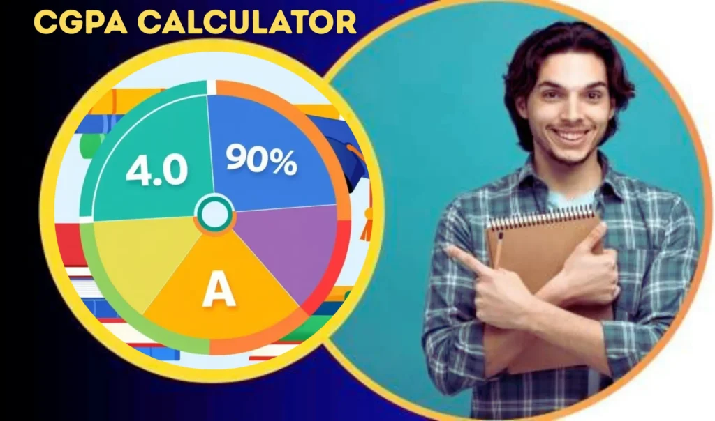 A student's study desk featuring a laptop displaying an online CGPA Calculator interface showing an CGPA score and a progress graph in a university library setting.