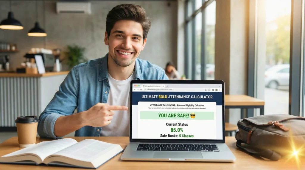 Indian college student happily checking 75% attendance eligibility and safe bunks using the CalculatorAll.in Attendance Calculator on a laptop