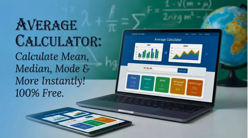 Laptop and tablet displaying a free online Average Calculator dashboard showing results for Mean, Median, Mode, Weighted Average, and Percentage with statistical charts