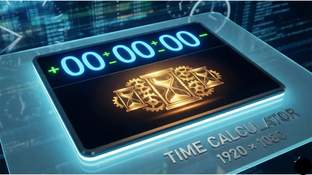 Futuristic 3D illustration of a digital Time Calculator tool displaying glowing zeros (00:00:00) and golden hourglass gears, representing accurate time addition and subtraction for Indian users.