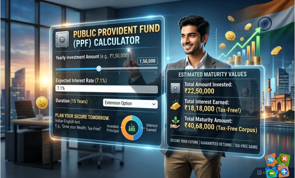 A high-tech digital infographic of an interactive Public Provident Fund (PPF) Calculator dashboard, featuring a professional Indian man in a modern office with a Mumbai cityscape background and an Indian flag. The interface shows dynamic calculations: a Yearly Investment Amount of ₹1,50,000, 7.1% expected interest, and estimated maturity values including a total amount invested of ₹22,50,000, tax-free interest of ₹18,18,000, and a total tax-free maturity corpus of ₹40,68,000 over 15 years. The infographic highlights keywords like "PPF Calculator," "Tax-Free Gains," "Guaranteed Returns," and features the calculatorall.in logo.