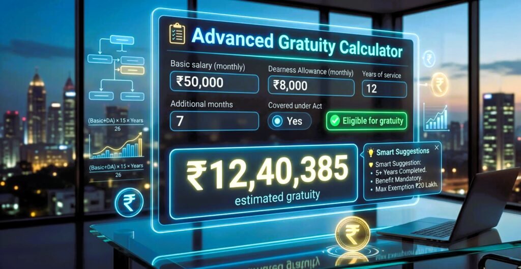 Gratuity Calculator app interface on a mobile screen showing a calculated ₹3,03,846 payout. It includes fields for monthly basic salary (₹45,000), dearness allowance (₹7,000), 10 years and 5 months of service, and is marked as covered under the Payment of Gratuity Act.