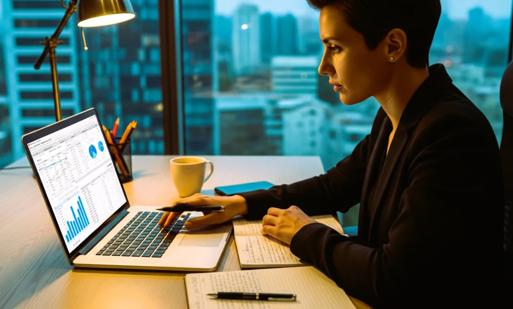 A professional using an online interest calculator on a laptop to plan financial investments and track returns in a modern office.