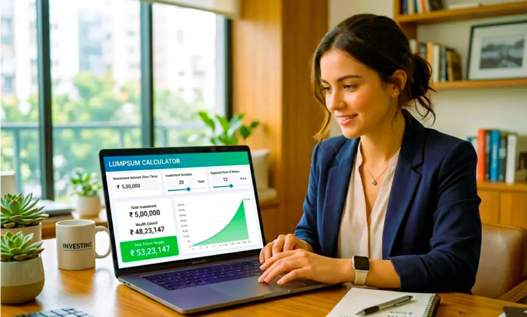 A photograph of an Indian woman investor using a digital Lumpsum Mutual Fund Calculator on a silver laptop. The screen shows investment calculations and a growth graph in Indian Rupees (₹) with 'Lumpsum Calculator' heading and 'Total Future Corpus' details. (Description: Alt text descriptive hain, image ke main action ko highlight karta hain, aur laptop screen ke major elements ko include karta hain, including the currency)