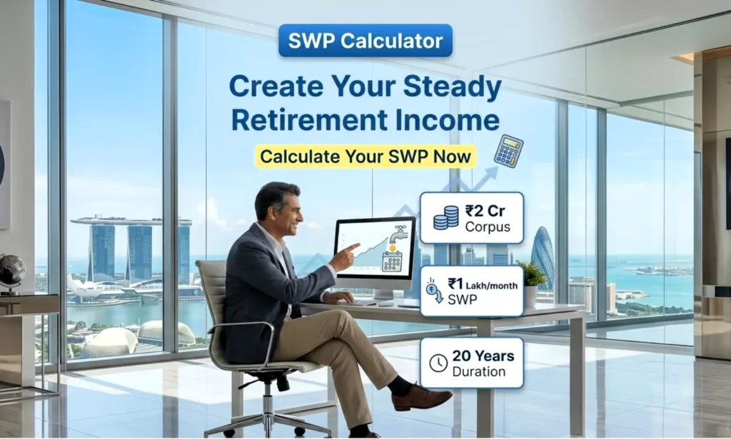 SWP Calculator showing ₹2 crore corpus generating ₹1 lakh monthly income for 20 years retirement planning in India