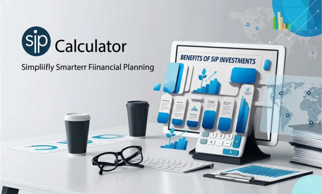 An infographic showing the key benefits of SIP investments, displayed on a computer screen within a modern workspace. It includes a physical SIP calculator tool, coffee cups, and eyeglasses, illustrating 'Smarter Financial Planning' for Indian investors.