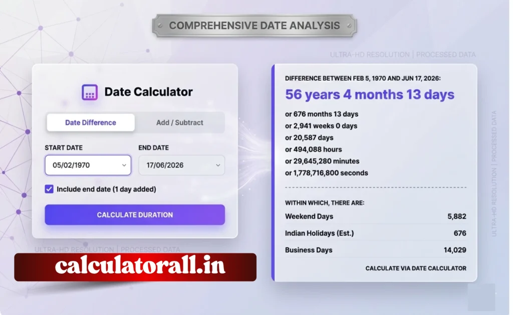 Date calculator tool on calculatorall.in calculating the exact time difference between two dates in years, months, days, and business days.