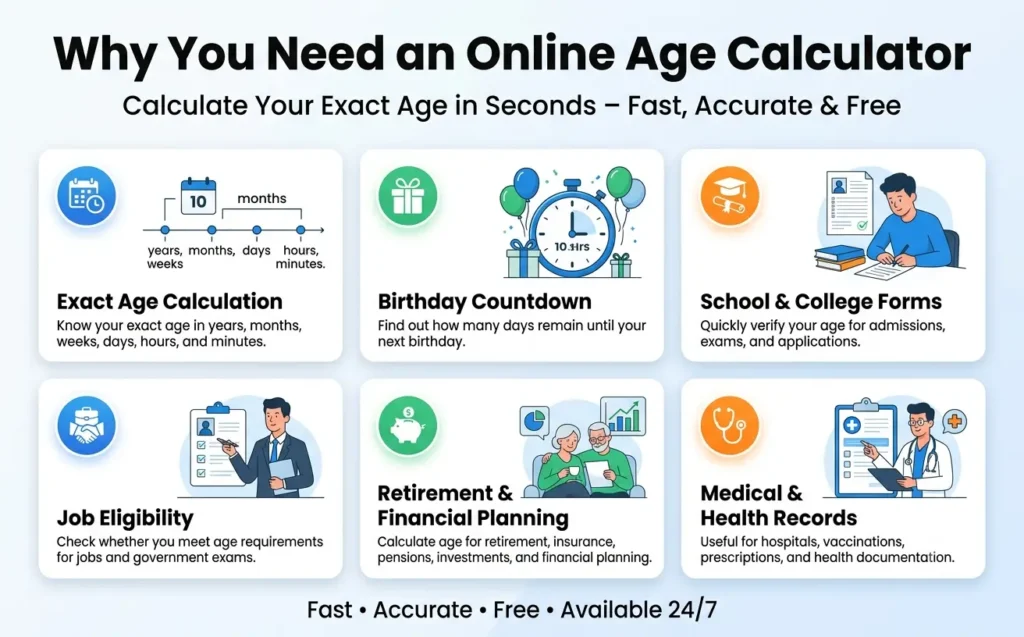 Age calculator Infographic explaining why you need an online age calculator for exact age calculation, birthday countdowns, school admissions, government job eligibility, retirement planning, and medical records.