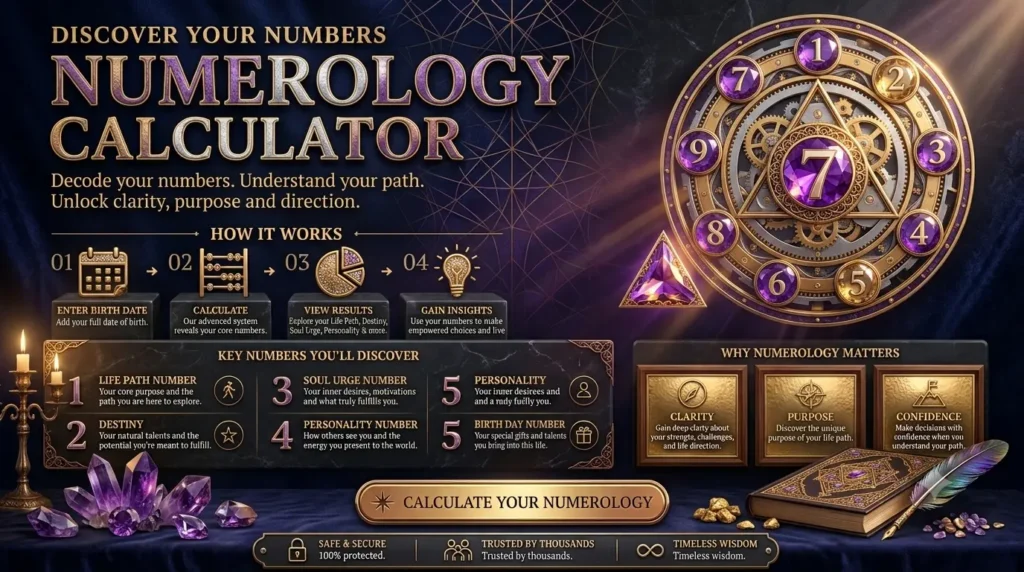 Numerology Calculator 1 numerology calculator infographic explaining how to find your life path, destiny, and soul urge numbers step-by-step.