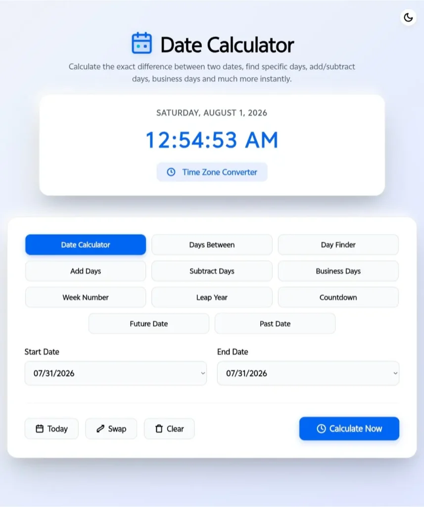 Date Calculator advanced online date calculator interface showing date difference calculator, add days, subtract days, business days calculator, week number, leap year checker, countdown timer, day finder and future or past date calculation tools on CalculatorAll.in.