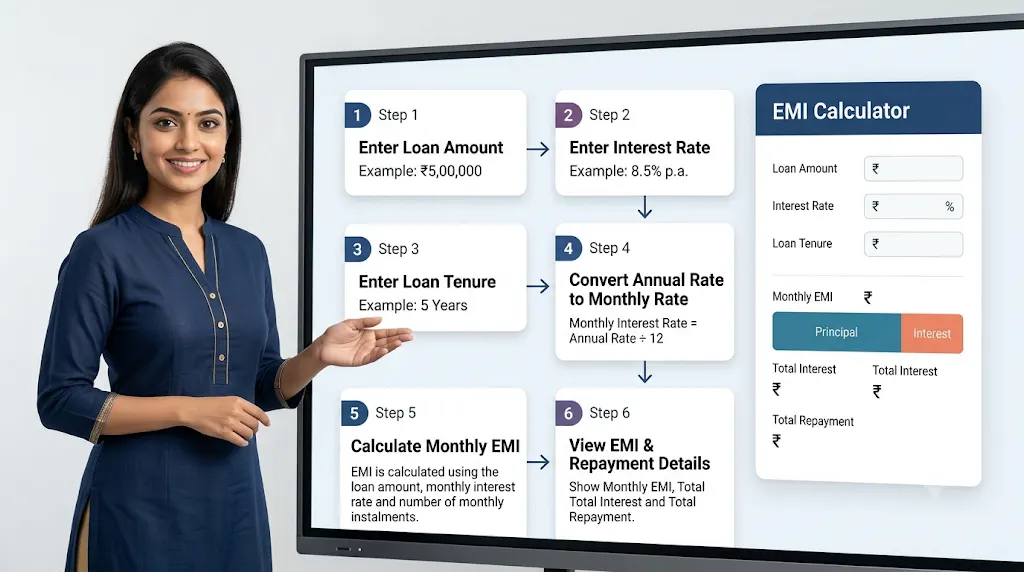 EMI Calculator: 6 simple steps showing how to calculate monthly EMI using loan amount, interest rate and loan tenure