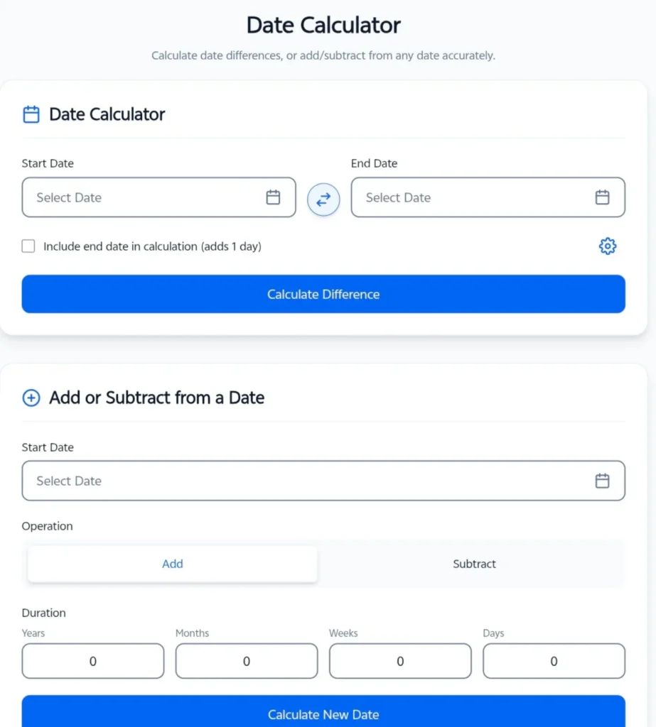 Date Calculator 3 Date Calculator for date difference and add or subtract dates