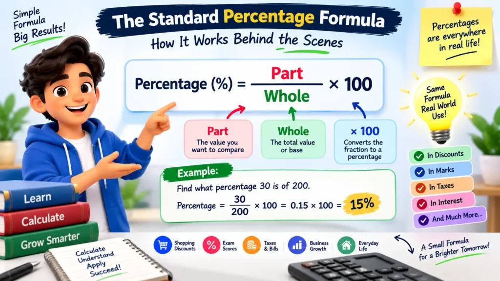 Percentage Calculator 3 percentage calculator showing the standard percentage formula with part, whole, and 100 calculation