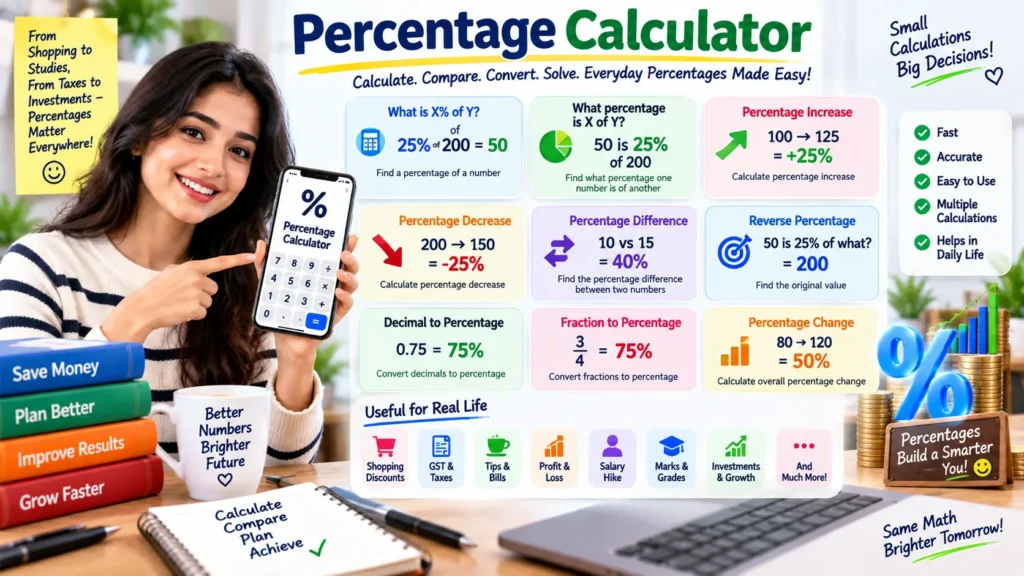 Percentage Calculator 2 percentage calculator showing percentage of a number, increase, decrease, difference, reverse percentage, decimal and fraction conversions